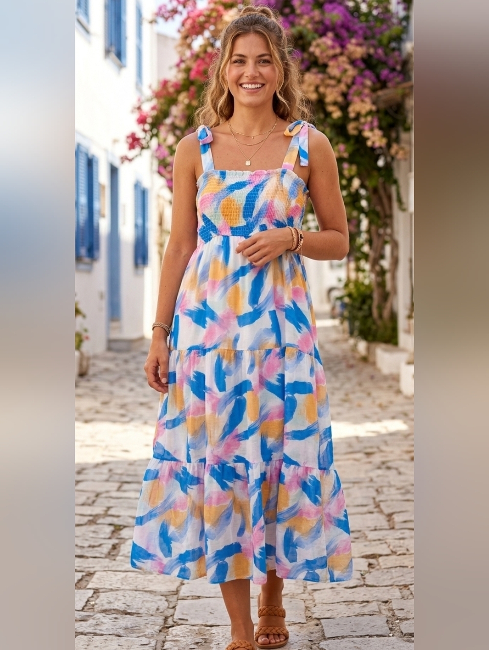 Blu Pepper Women's SMALL Summer Tie-Shoulder Tiered Midi Dress in Blue Multi